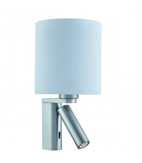 Lampada da parete cilindrica orientabile da parete con luce di lettura, in argento satinato con paralume bianco