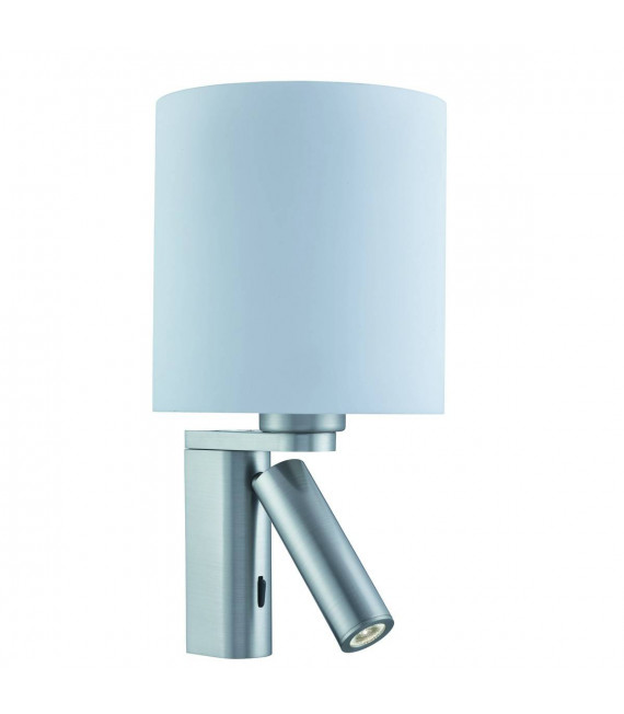 Lampada da parete cilindrica orientabile da parete con luce di lettura, in argento satinato con paralume bianco