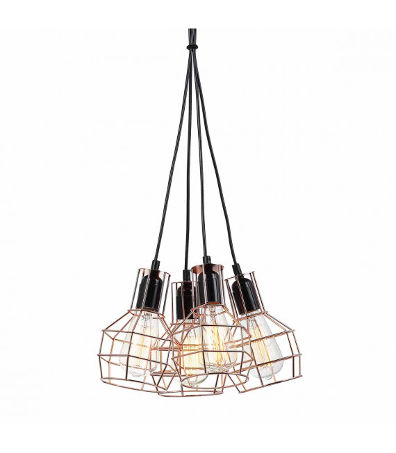 Suspension industrielle et rétro Perifo Noir, cuivre 4 ampoules