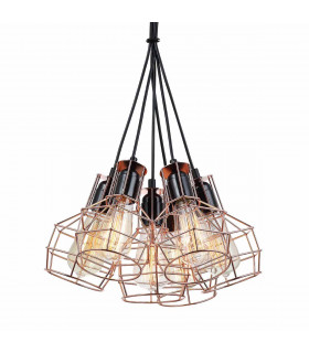 Suspension industrielle et rétro Perifo Noir, cuivre 6 ampoules