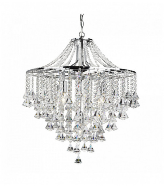 Techo Dorchester 5 ampollas cromo y cristal transparente gotas piramidal