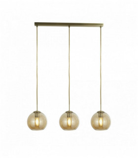 Pendant light 3 bulbs bar antique brass with amber glass