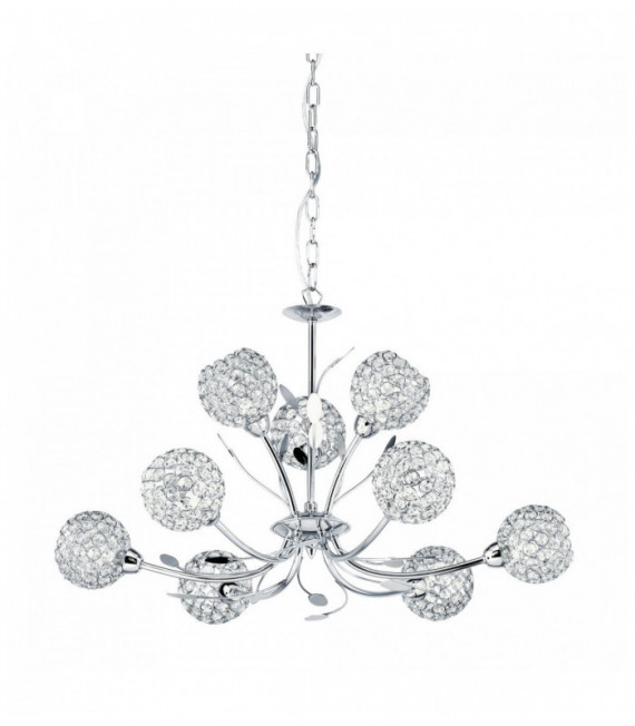 Plafonnier bellis ii - abat-jour déco en verre transparent chrome 9 ampoules