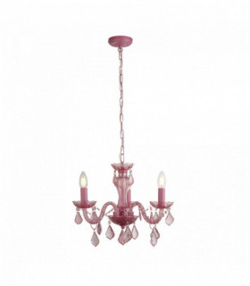 Pink chandelier for children 3 bulbs, metal frame, acrylic beads and glass column