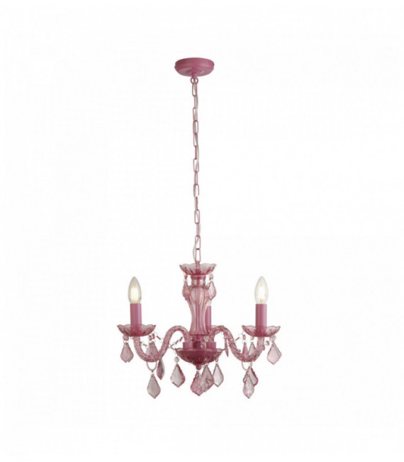 Pink chandelier for children 3 bulbs, metal frame, acrylic beads and glass column