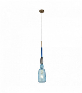 Suspension en verre narghile 1 ampoule avec abat-jour bleu et métal bronze