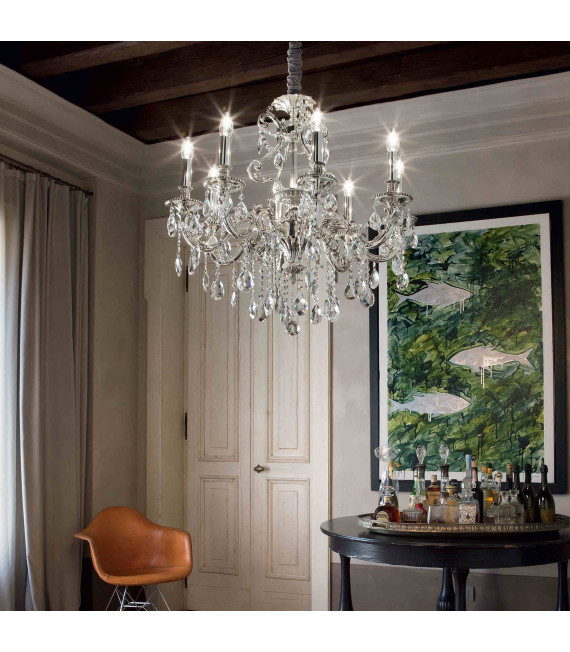 Silver pendant lamp in GIOCONDA crystal 8 bulbs