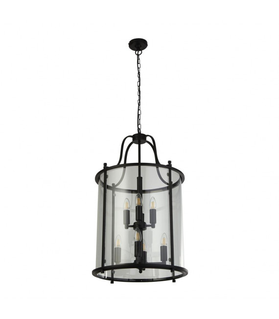 Lantern pendant light Lantern Glass, mild steel Black, Clear 8 bulbs 75cm