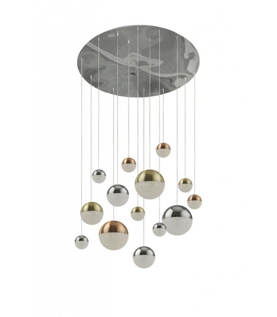 Suspension Planets 14 ampoules Acrylique,acier doux Chrome,laiton satiné,cuivre,Transparent