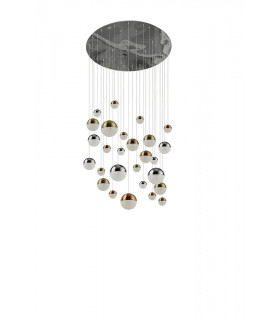 Suspension Planets 27 ampoules Acrylique,acier doux Chrome,laiton satiné,cuivre,Transparent
