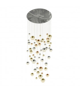 Lámpara colgante Planets 55 bombillas Vidrio, acrílico, acero dulce Cromo, latón satinado, cobre, Transparente