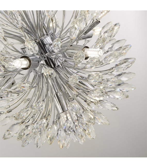 Peacock Pendant Glass, Mild Steel Chrome, Clear 14 bulbs 64cm