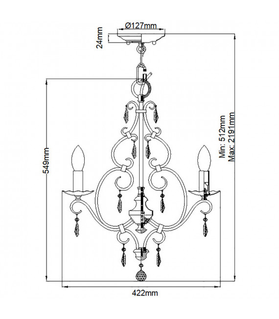 Chandelier sans abats jours Chateau Cristal,acier Bronze moka 4 ampoules 54,9cm