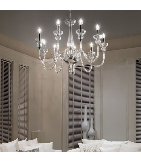 Chandelier sans abats jours Doge Verre Transparent 9 ampoules 70cm