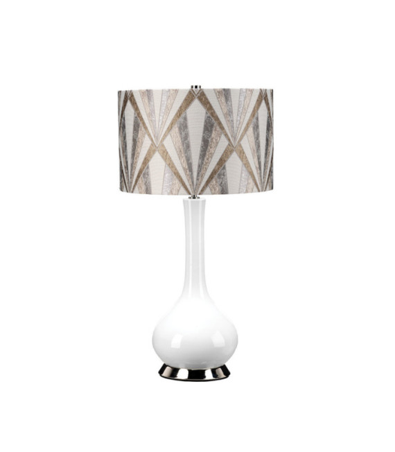 Milo Tischlampe, Keramiksockel, Stahl, Stoffschirm aus poliertem Nickel
