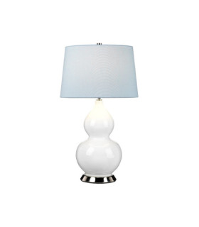 Isla Tischlampe, Keramiksockel, Stahl, Lampenschirm aus Kunstseide, poliertes Nickel