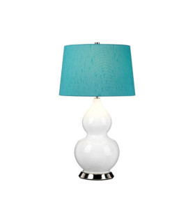 Isla Tischlampe, Keramiksockel, Stahl, Lampenschirm aus Kunstseide, poliertes Nickel