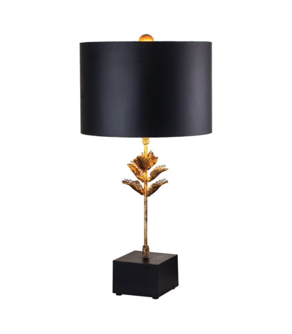 Camilia Tischlampe, Kunstharz, Pergament, schwarzer Stahl, antikes Gold