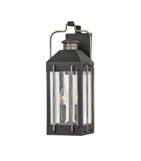 Hinkley outdoor wall light Aluminum, brass, clear seeded glass Textured black with burnished bronze