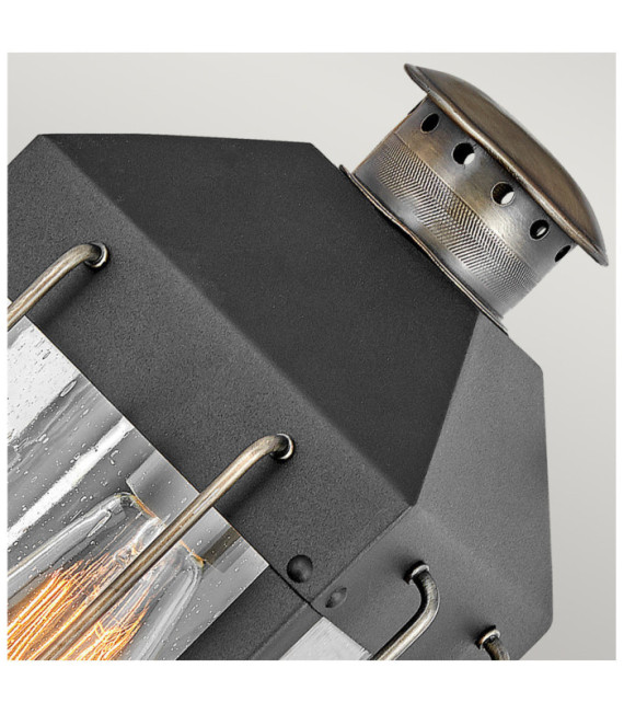 Hinkley outdoor wall light Aluminum, brass, clear seeded glass Textured black with burnished bronze