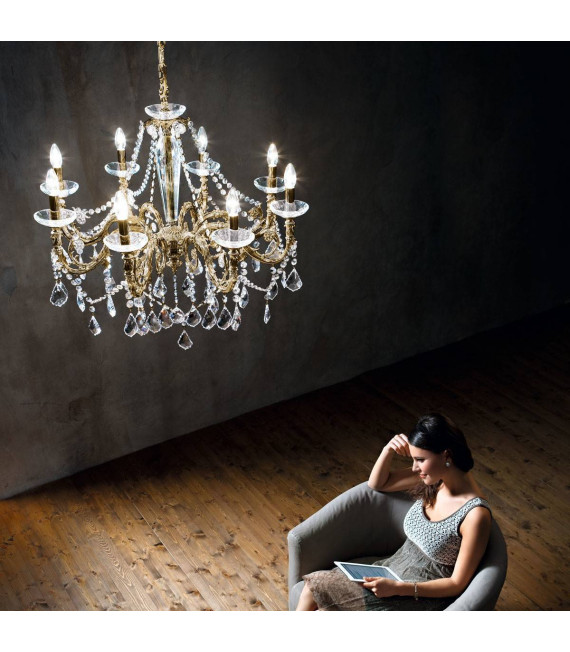 Chandelier classique CONTARINI CRYSTAL laiton antique 8 ampoules