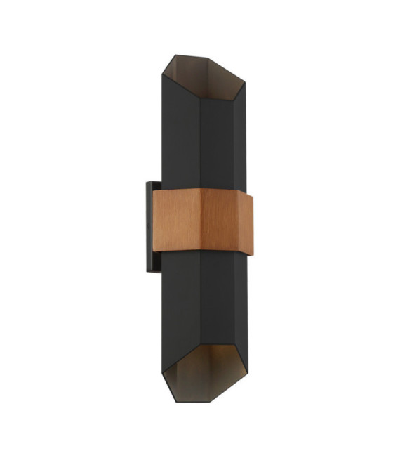Quoizel Außenwandleuchte Glas, mattschwarzes Aluminium (mit lackiertem Armband in Holzoptik)