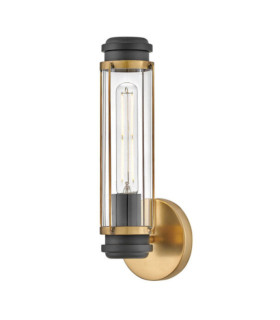 Aplique de exterior en mástil Vidrio transparente, acero negro, latón antiguo