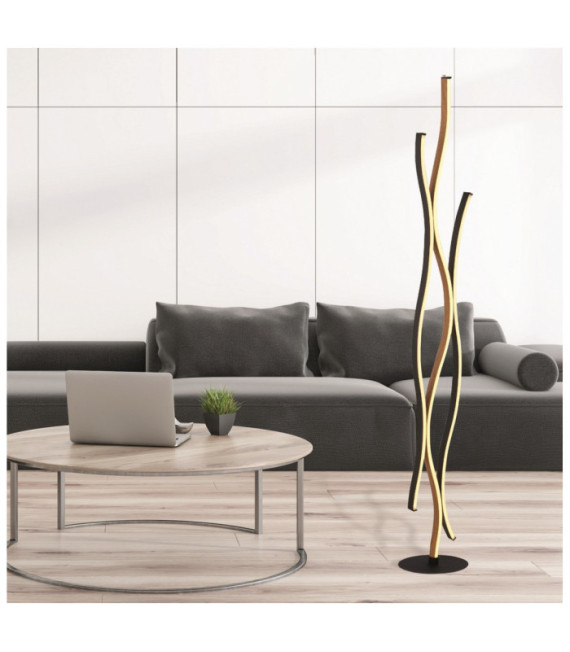 Lámpara de pie LED Bloom de acero dulce efecto madera, negro arena
