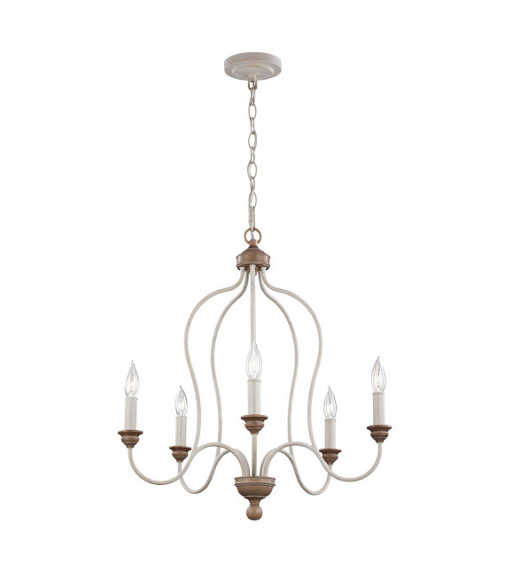 Lampada a sospensione Hartsville, gesso lavato e simil legno, 5 luci