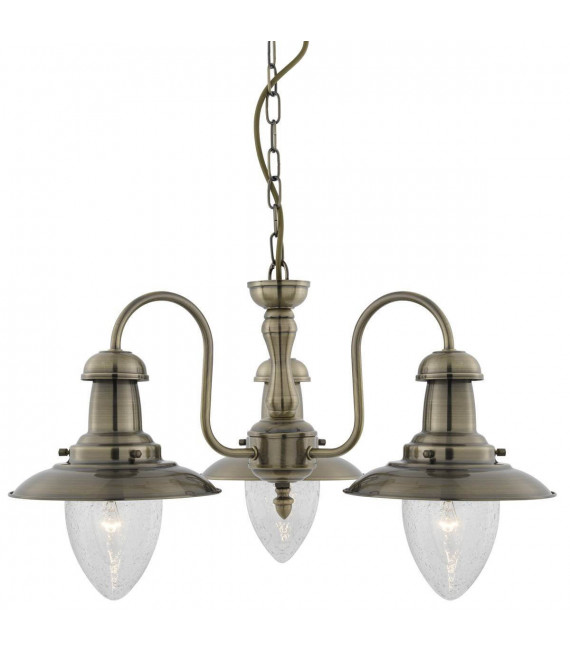 Pendente a 3 luci Fisherman, in ottone antico e vetro