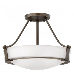 Lampada semi-soffitto Hathaway, bronzo invecchiato, vetro opale, modello piccolo