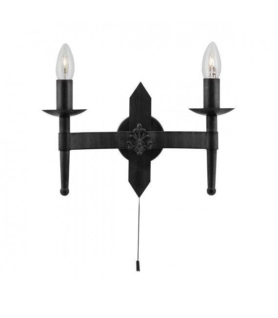 Wandleuchte 2 Glühlampen Wagenrad, aus schwarzem Schmiedeeisen