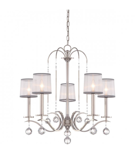 Lampadario Whitney, argento imperiale, organza bianca e grigia, decorazioni in cristallo