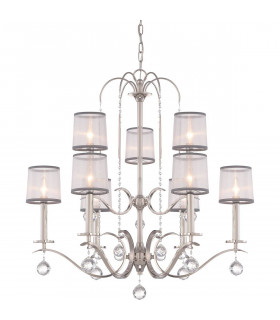 Lampadario Whitney, argento imperiale, organza bianca e grigia, decorazioni in cristallo, 9 luci