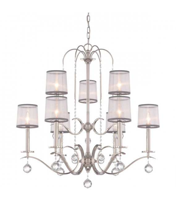 Lámpara de araña Whitney, plata imperial, organza blanca y gris, decoración de cristal, 9 luces.