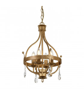 Lampada a sospensione Windsor, finitura patina dorata, cristallo, 4 luci