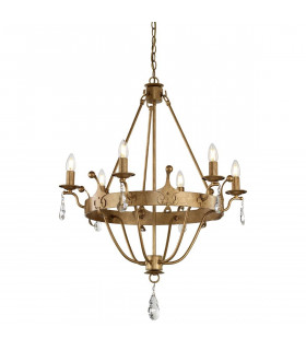 Lampada a sospensione Windsor, finitura patina dorata, cristallo, 6 luci