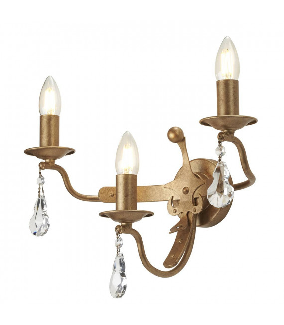Lampada da parete Windsor, finitura patina dorata, cristallo, 3 luci
