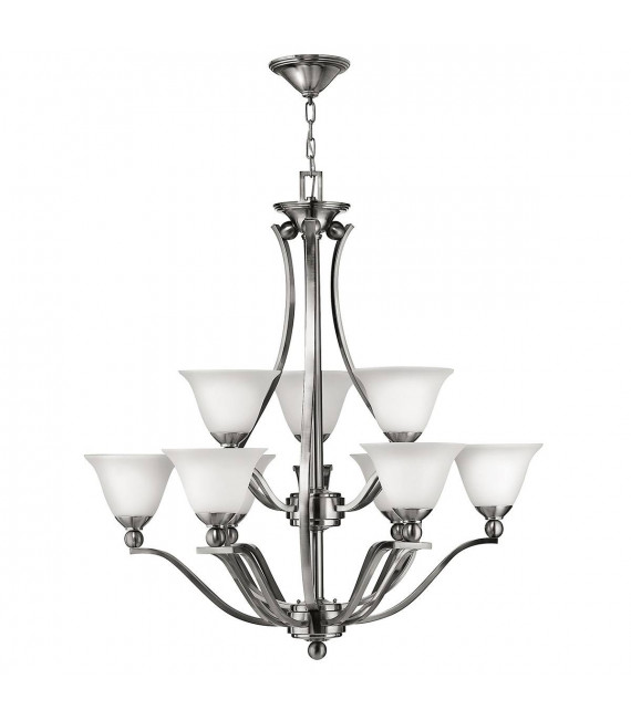 Lampada a sospensione Bolla, nichel spazzolato e vetro, 3 lampadine