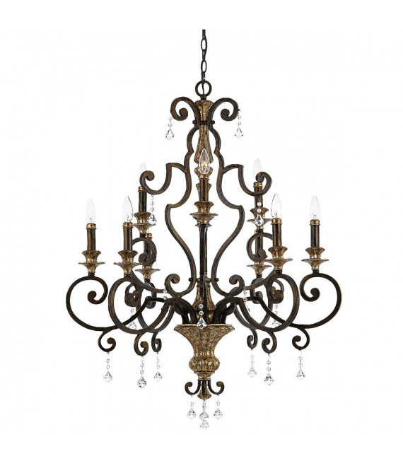 Pendente Marquette, bronzo e cristallo, 6 lampadine