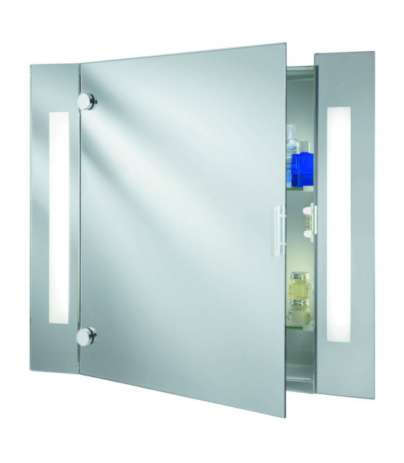 Brillante mueble de baño, espejo de vidrio y toma de afeitadora