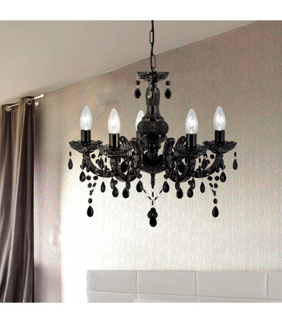 Lámpara colgante Marie-Thérèse de 5 luces, en cromo, acrílico y vidrio, negro