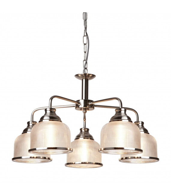 Lampada a sospensione Bistrot II, ottone antico e vetro, 5 lampadine