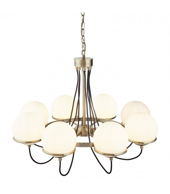 Lampada a sospensione sfera, ottone antico e vetro, 5 lampadine