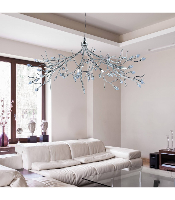Lámpara colgante Wisteria, en cromo y cristal blanco.