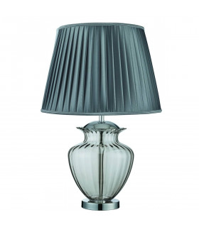 Lampada da tavolo cromata, vetro fumé, paralume in peltro plissettato