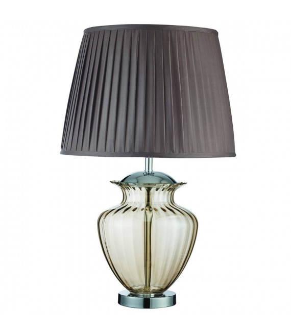 Lampada da tavolo cromata, vetro ambra, paralume pieghettato
